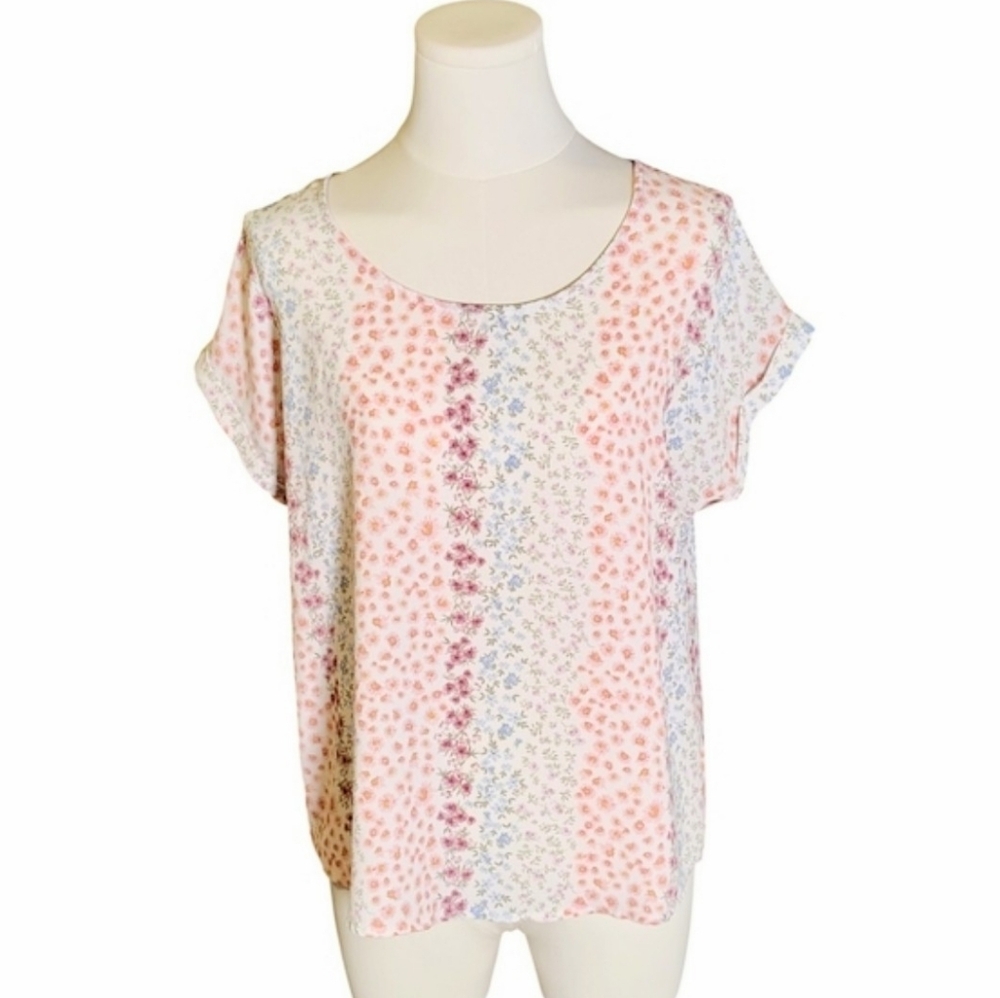 Hippie Rose Delicate Pink White Floral Blouse Zippered Back Size Large
